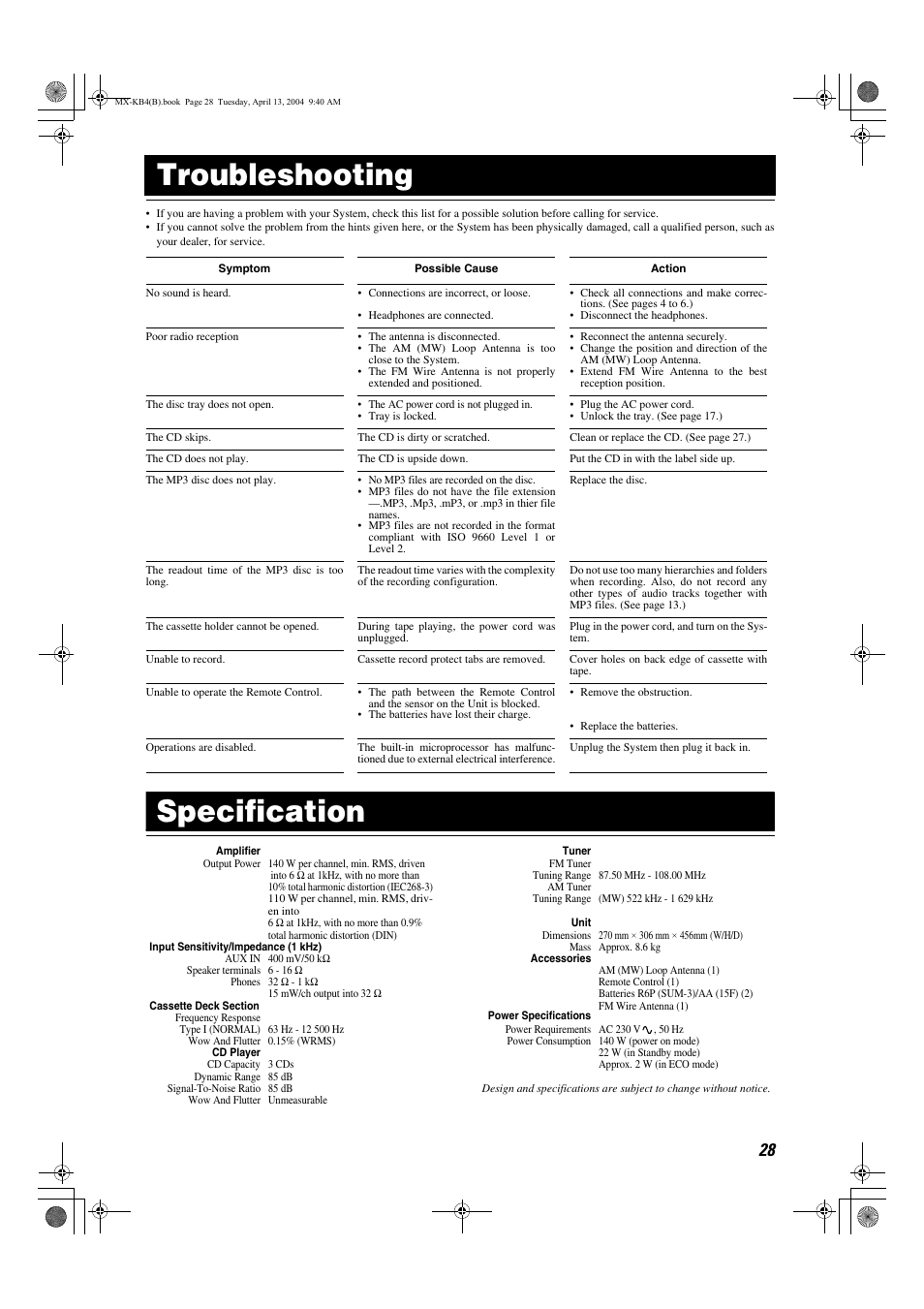 Troubleshooting, Specification | JVC ca-mxkb4 User Manual | Page 31 / 32