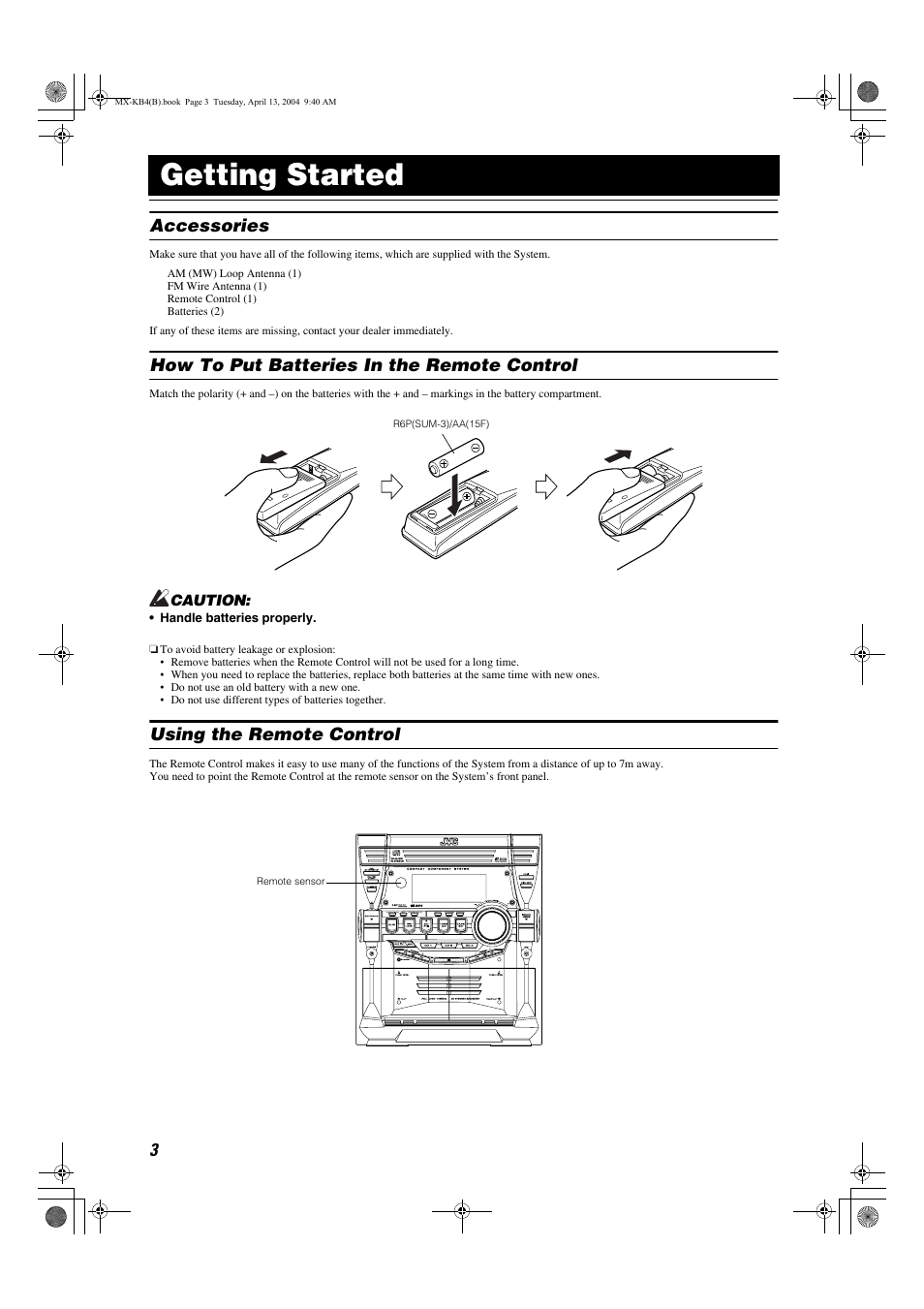 Getting started, Accessories, How to put batteries in the remote control | Using the remote control | JVC ca-mxkb4 User Manual | Page 6 / 32