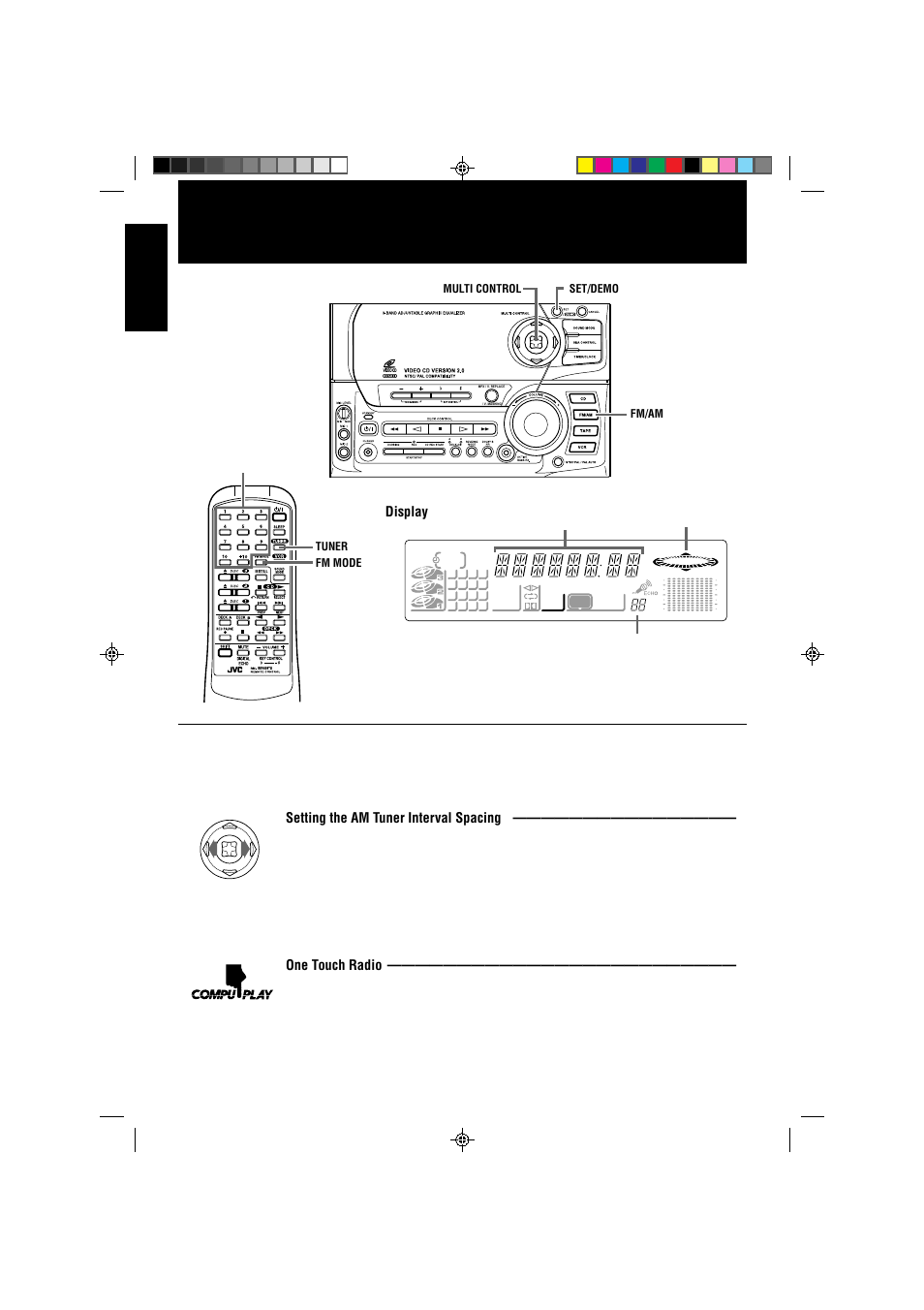 Using the tuner, English, Setting the am tuner interval spacing | One touch radio, Display | JVC CA-V888T User Manual | Page 20 / 53
