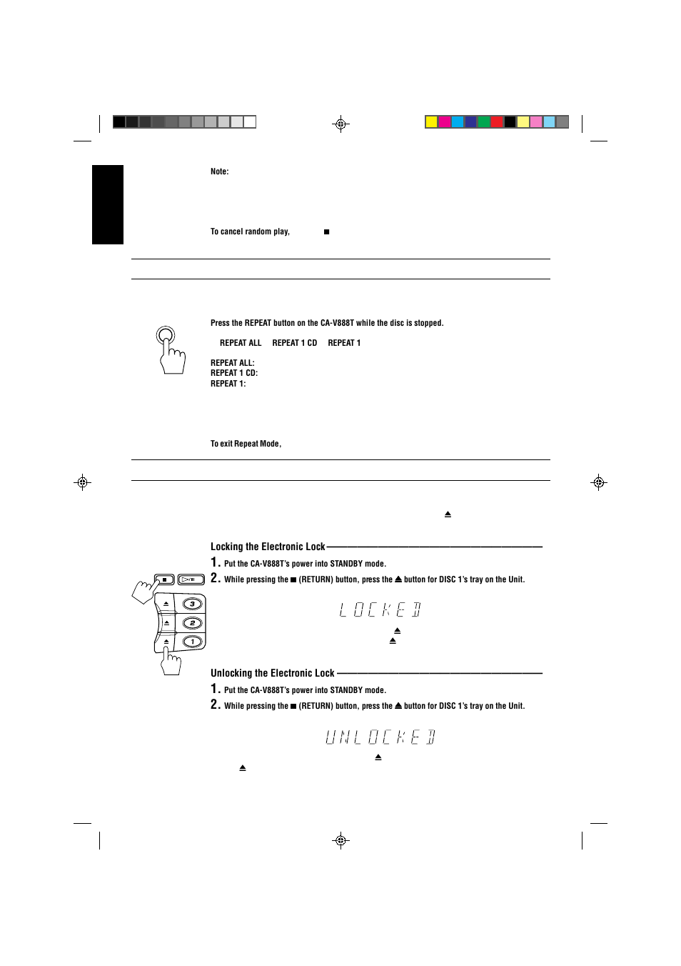 Repeating a track or the discs, Tray lock function, English | JVC CA-V888T User Manual | Page 30 / 53