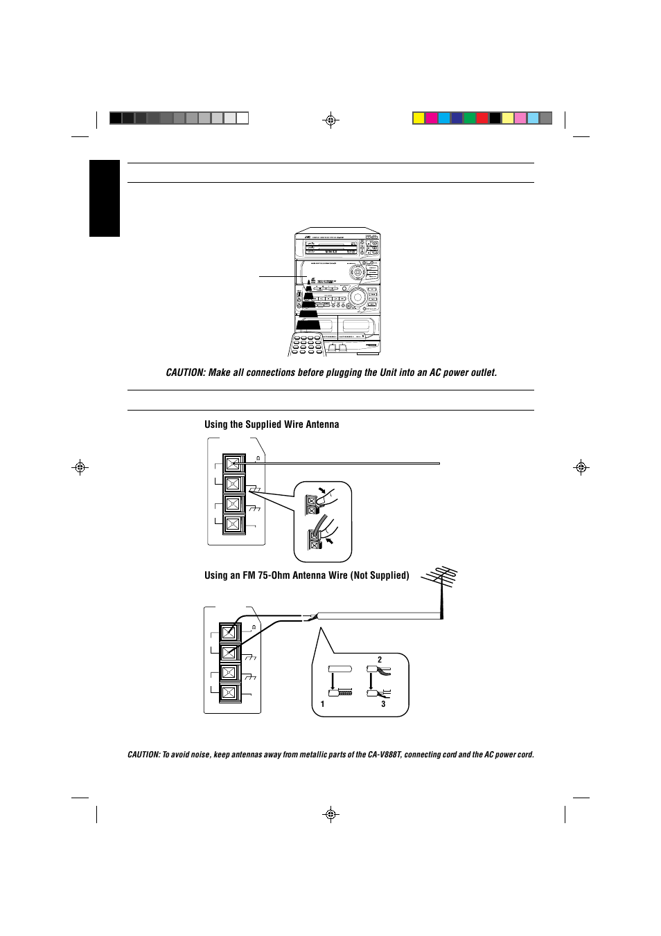 Connecting the fm antenna, Using the remote control, English | Using an fm 75-ohm antenna wire (not supplied), Mpx / v. replace / v. masking | JVC CA-V888T User Manual | Page 8 / 53