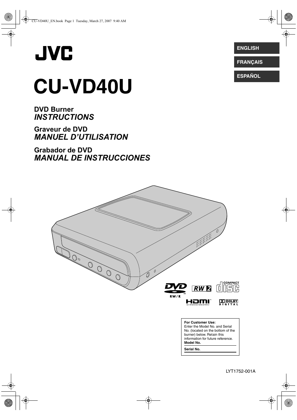 JVC HD Everio SHARE STATION CU-VD40U User Manual | 28 pages