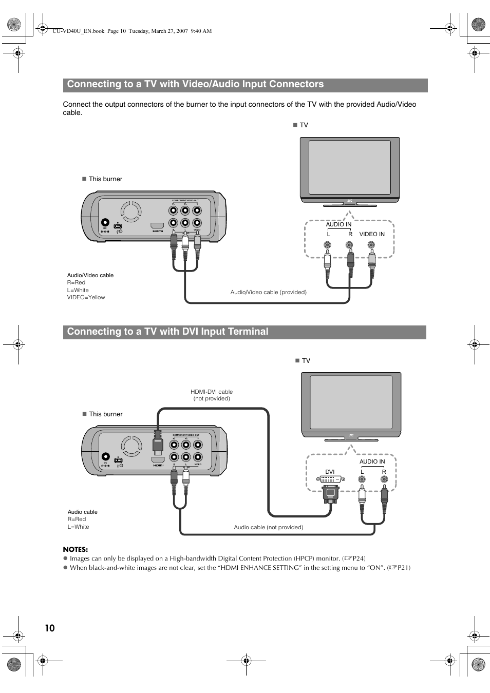 Connecting to a tv with dvi input terminal | JVC HD Everio SHARE STATION CU-VD40U User Manual | Page 10 / 28