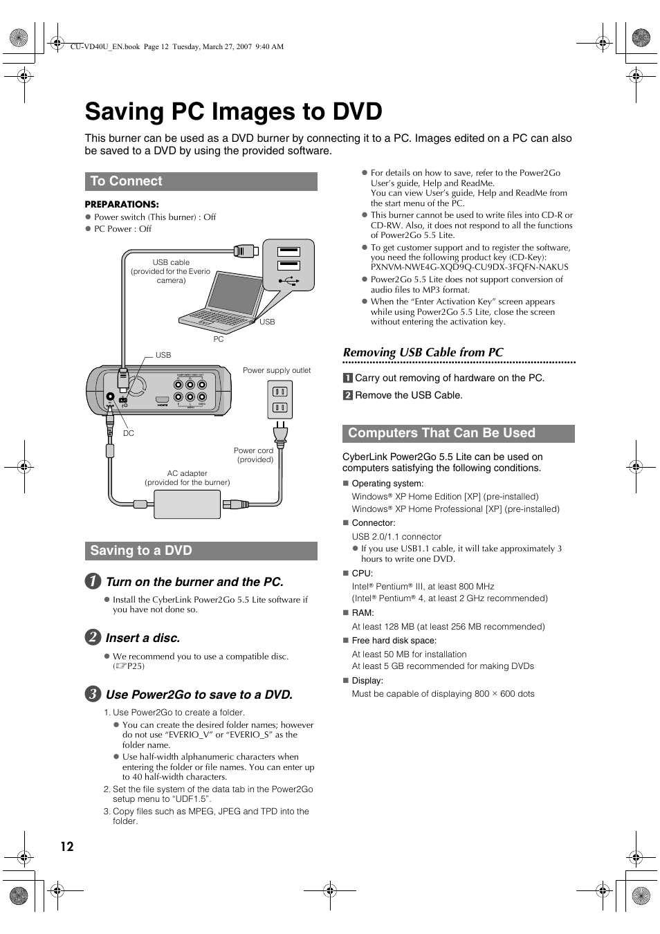 Saving pc images to dvd, To connect, Saving to a dvd | Computers that can be used, Turn on the burner and the pc, Insert a disc, Use power2go to save to a dvd, Removing usb cable from pc | JVC HD Everio SHARE STATION CU-VD40U User Manual | Page 12 / 28