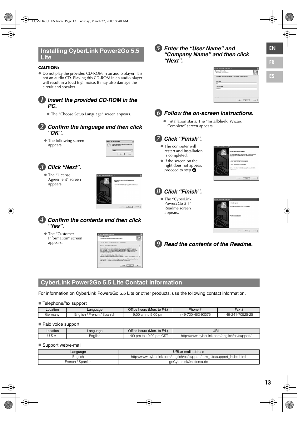 Installing cyberlink power2go 5.5 lite, Cyberlink power2go 5.5 lite contact information | JVC HD Everio SHARE STATION CU-VD40U User Manual | Page 13 / 28