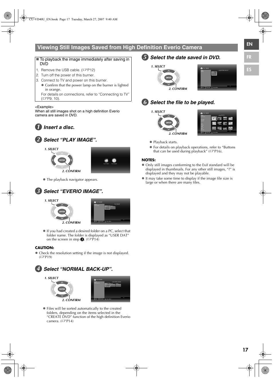 Insert a disc, Select “play image, Select “everio image | Select “normal back-up, Select the date saved in dvd, Select the file to be played, En fr es, Zthe playback navigator appears | JVC HD Everio SHARE STATION CU-VD40U User Manual | Page 17 / 28