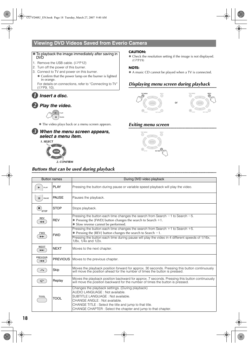 Viewing dvd videos saved from everio camera, Insert a disc, Play the video | When the menu screen appears, select a menu item, Displaying menu screen during playback, Exiting menu screen, Buttons that can be used during playback | JVC HD Everio SHARE STATION CU-VD40U User Manual | Page 18 / 28
