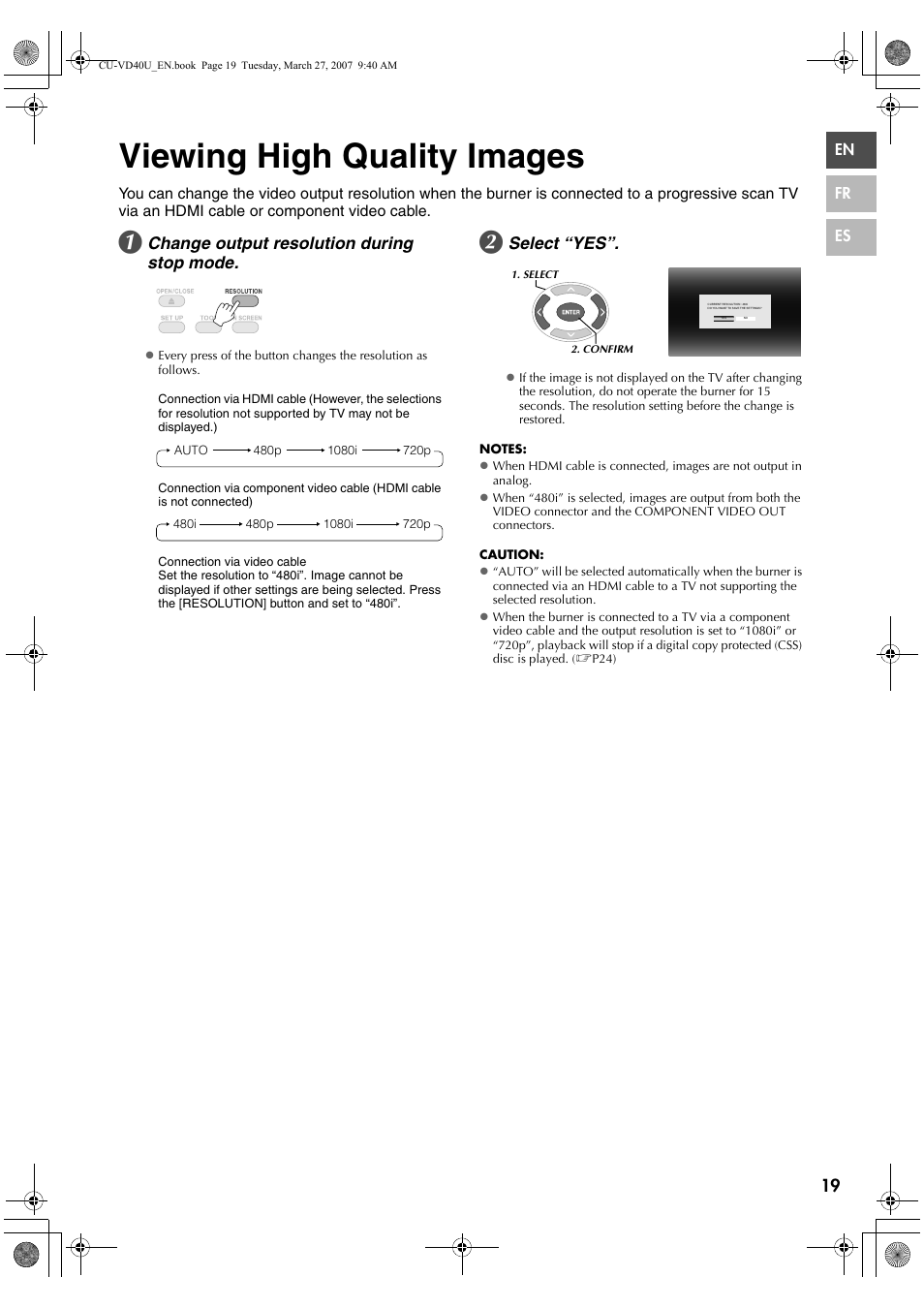 Viewing high quality images, Change output resolution during stop mode, Select “yes | JVC HD Everio SHARE STATION CU-VD40U User Manual | Page 19 / 28