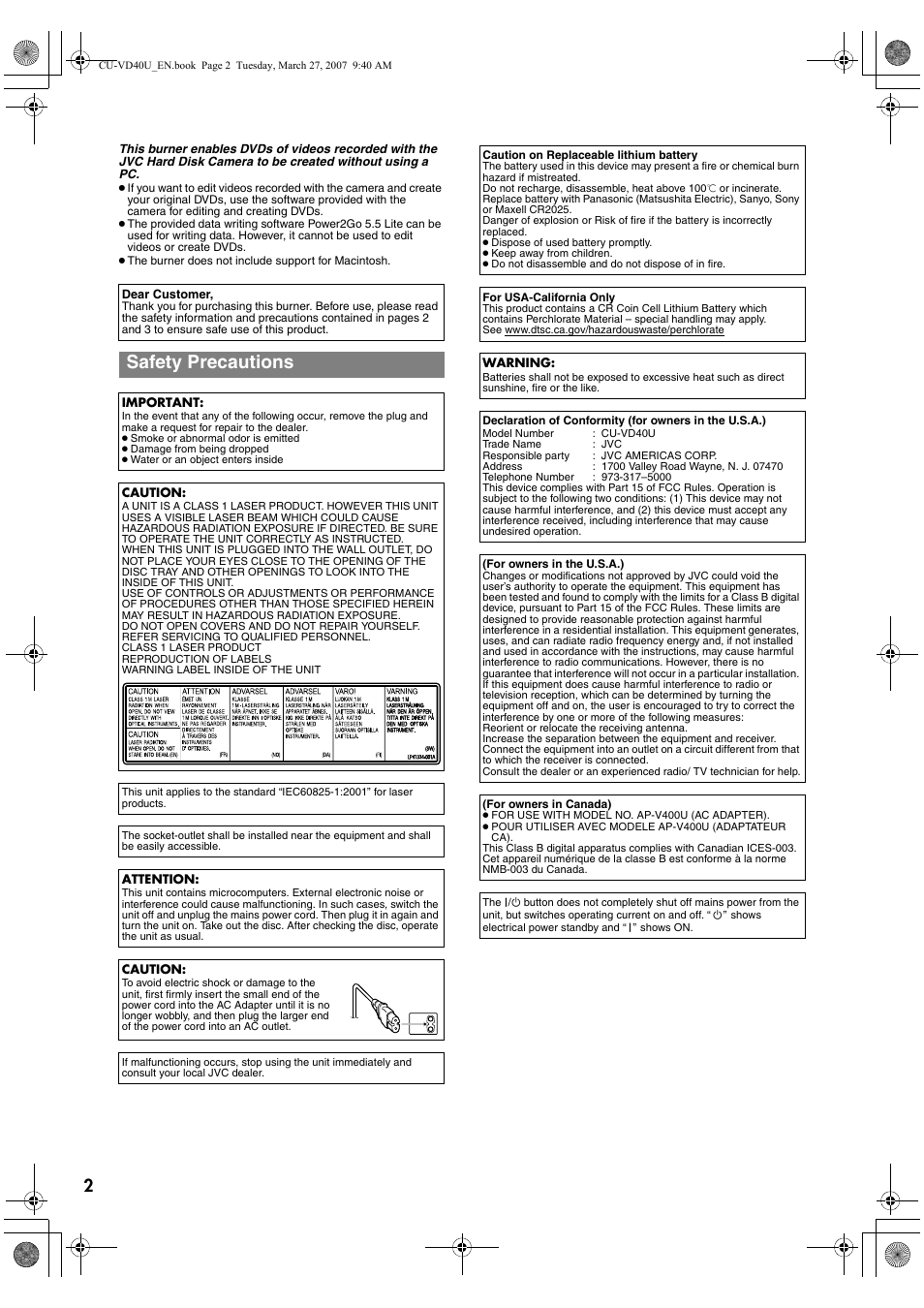 Safety precautions | JVC HD Everio SHARE STATION CU-VD40U User Manual | Page 2 / 28