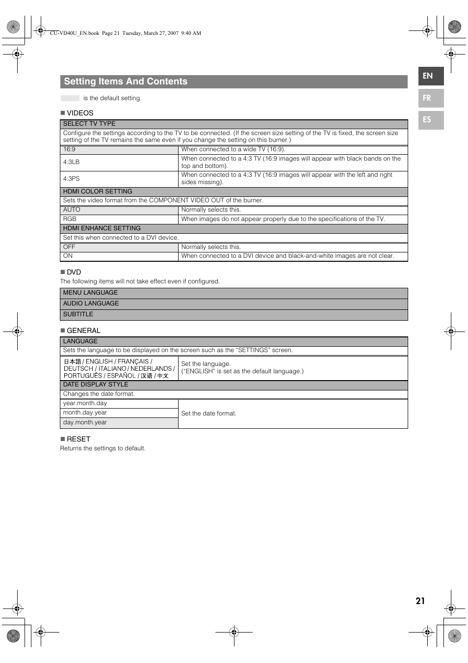 Setting items and contents | JVC HD Everio SHARE STATION CU-VD40U User Manual | Page 21 / 28