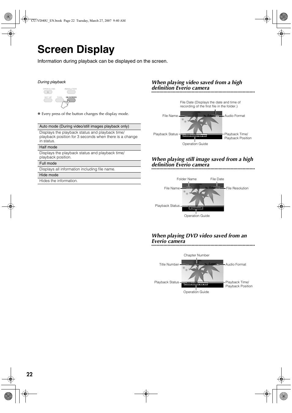 Screen display, When playing video saved from a high, Everio camera | JVC HD Everio SHARE STATION CU-VD40U User Manual | Page 22 / 28