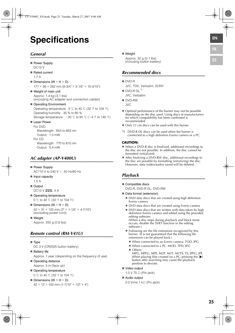 Specifications, General, Ac adapter (ap-v400u) | Remote control (rm-v41u), Recommended discs, Playback | JVC HD Everio SHARE STATION CU-VD40U User Manual | Page 25 / 28