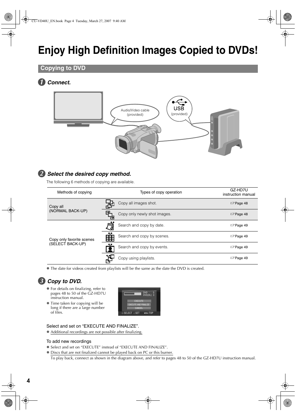 Enjoy high definition images copied to dvds, Copying to dvd, Connect | Select the desired copy method, Copy to dvd | JVC HD Everio SHARE STATION CU-VD40U User Manual | Page 4 / 28