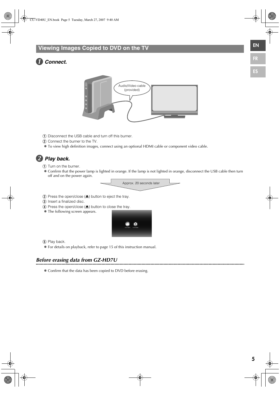 Viewing images copied to dvd on the tv, Connect, Play back | Before erasing data from gz-hd7u | JVC HD Everio SHARE STATION CU-VD40U User Manual | Page 5 / 28