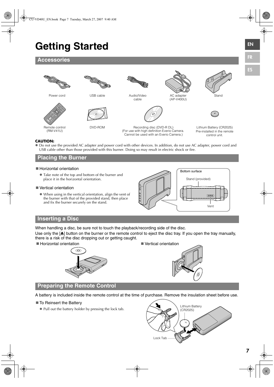 Getting started, Accessories, Placing the burner | Inserting a disc, Preparing the remote control | JVC HD Everio SHARE STATION CU-VD40U User Manual | Page 7 / 28