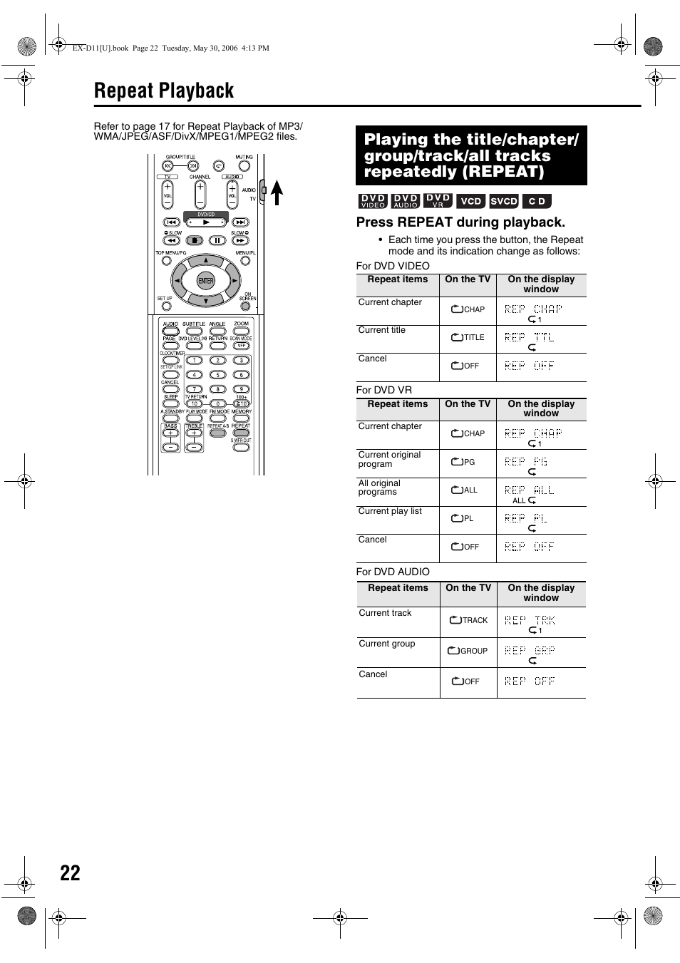 Repeat playback, Press repeat during playback | JVC CA-EXD11 User Manual | Page 110 / 128