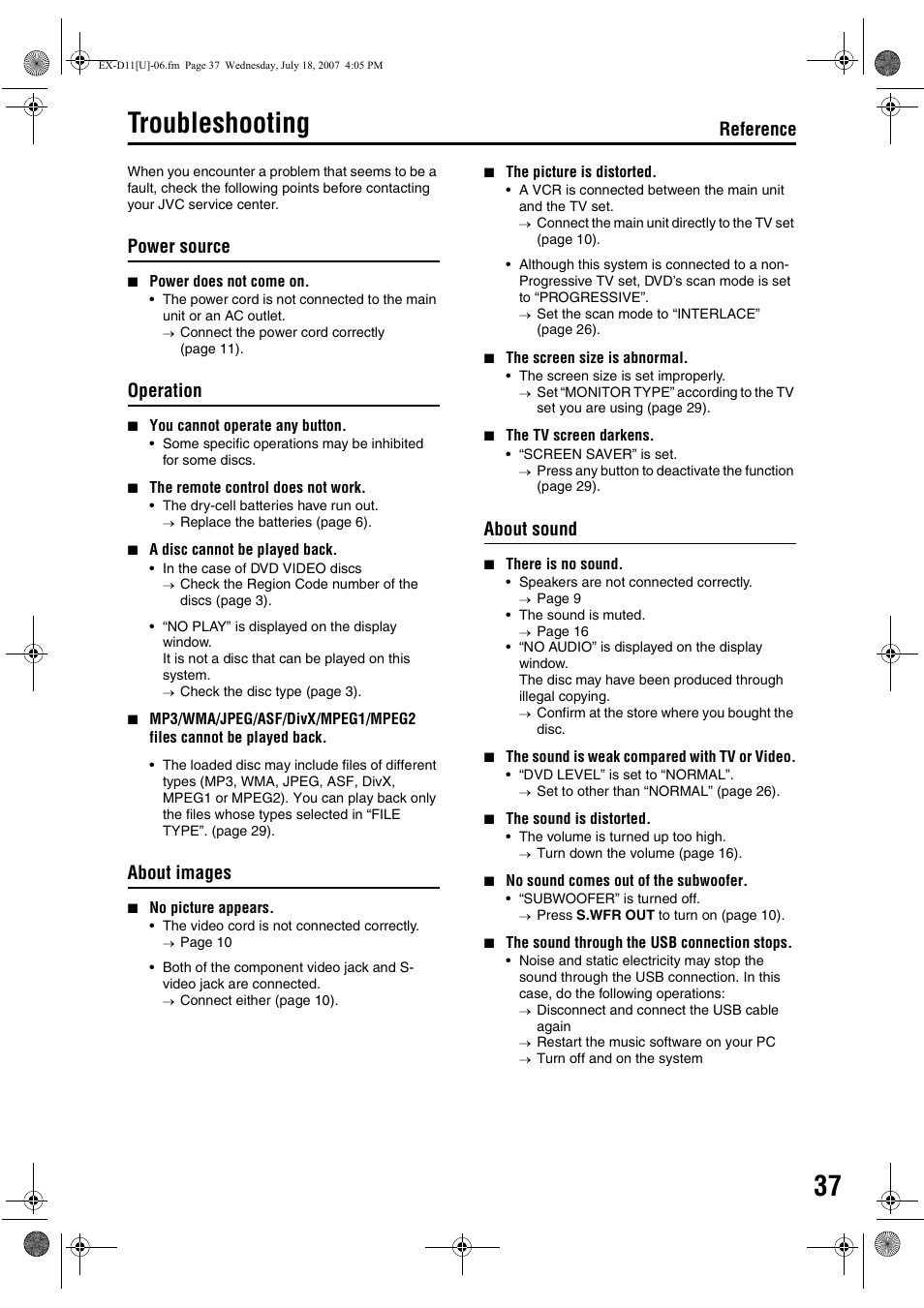 Troubleshooting, Power source, Operation | About images, About sound, Reference | JVC CA-EXD11 User Manual | Page 125 / 128