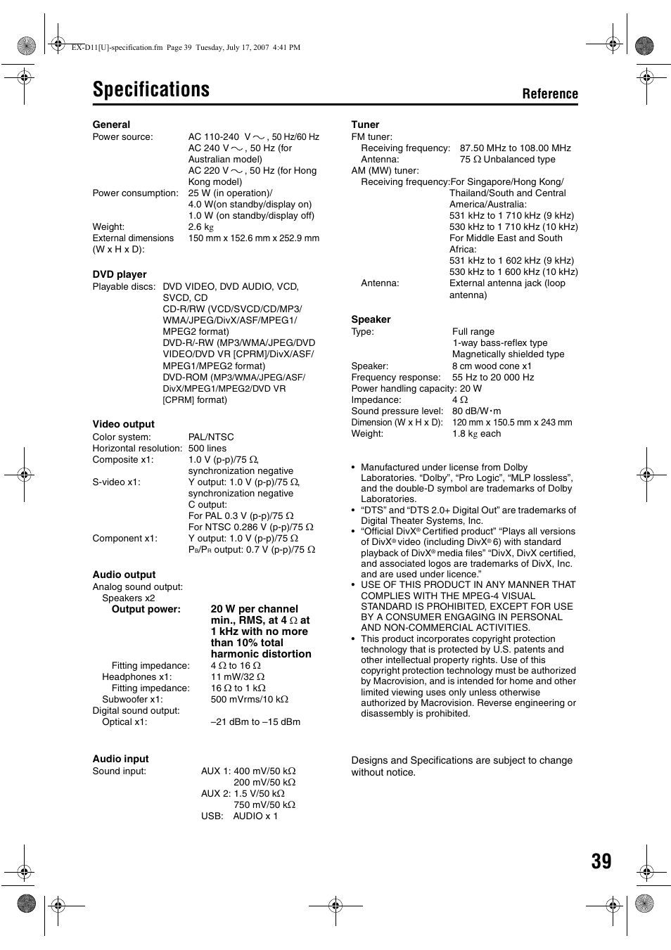 Specifications, Reference | JVC CA-EXD11 User Manual | Page 127 / 128