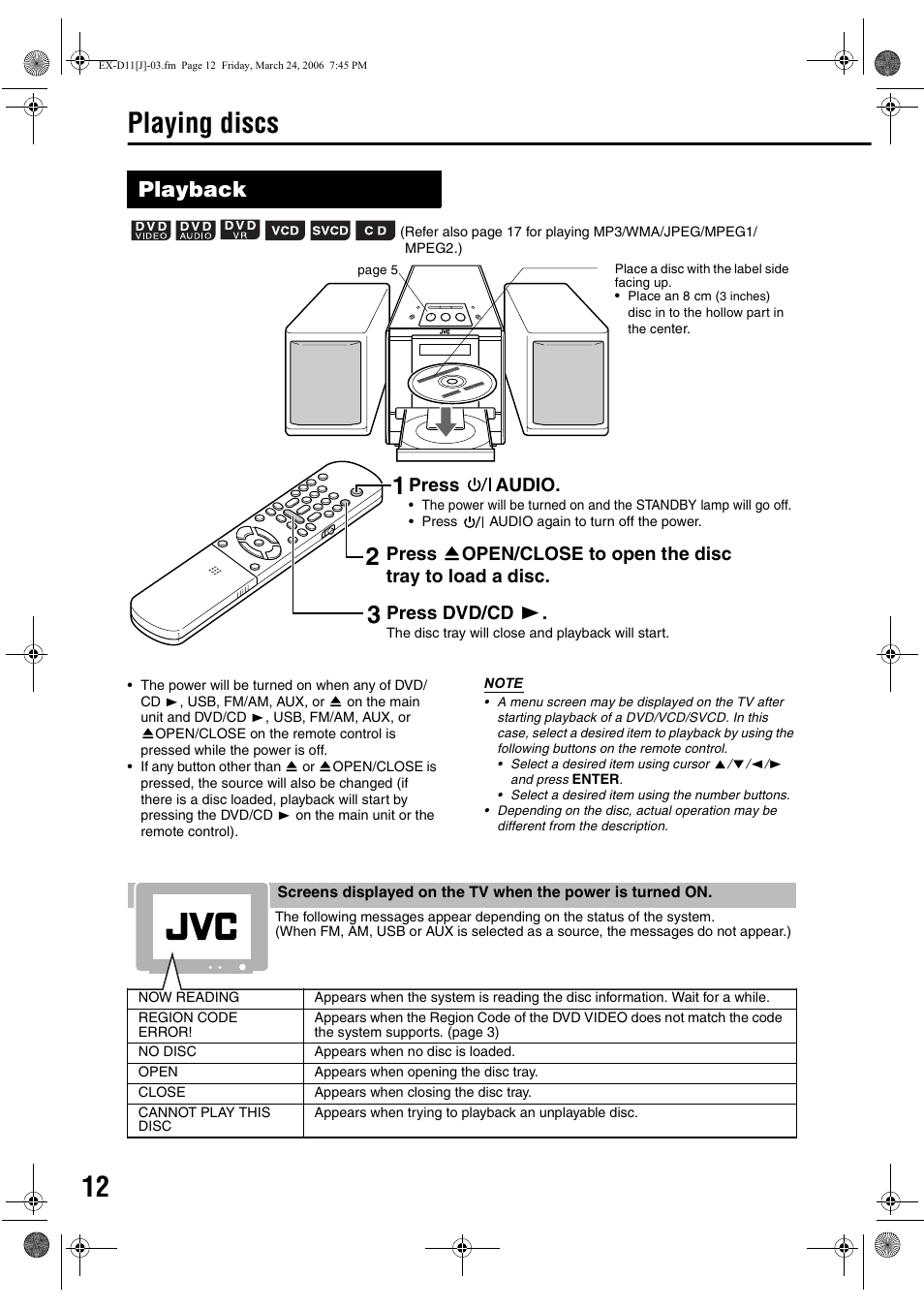 Playing discs, Playback, Press audio | Press dvd/cd | JVC CA-EXD11 User Manual | Page 14 / 128