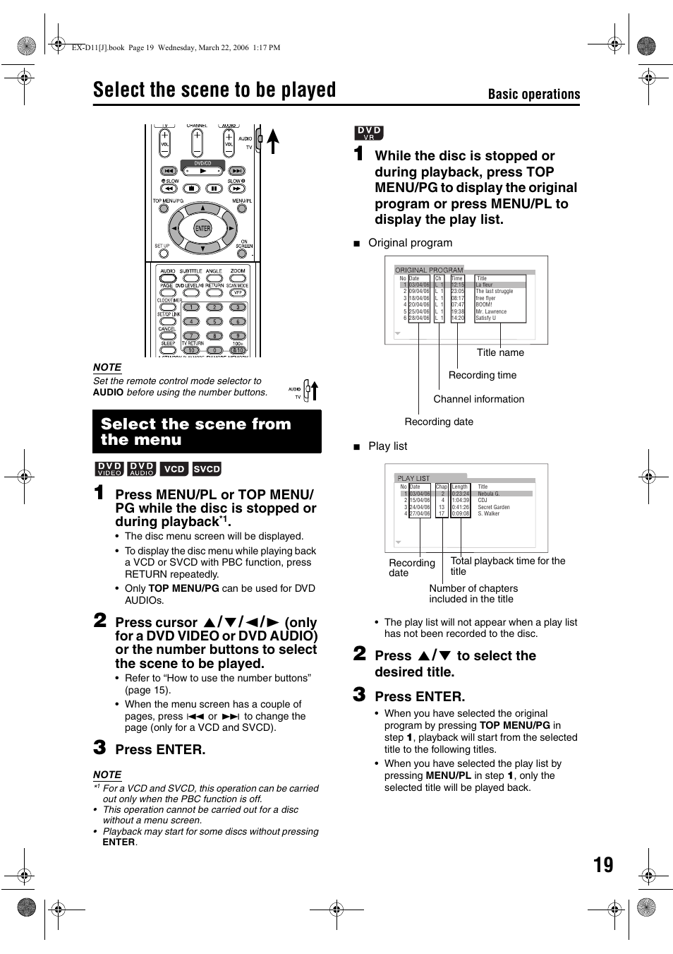 Select the scene to be played, Select the scene from the menu, 5 / k / 2 / 3 | 5 / k, Press cursor, Press enter, Press, Basic operations | JVC CA-EXD11 User Manual | Page 21 / 128