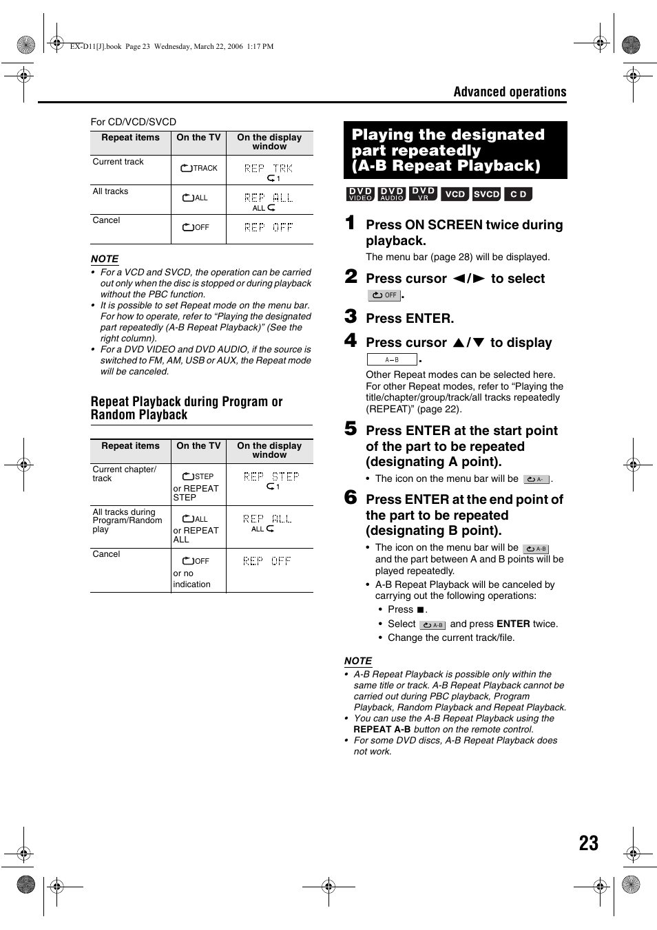 Repeat playback during program or random playback, Press on screen twice during playback, Press cursor | Press enter, Advanced operations | JVC CA-EXD11 User Manual | Page 25 / 128