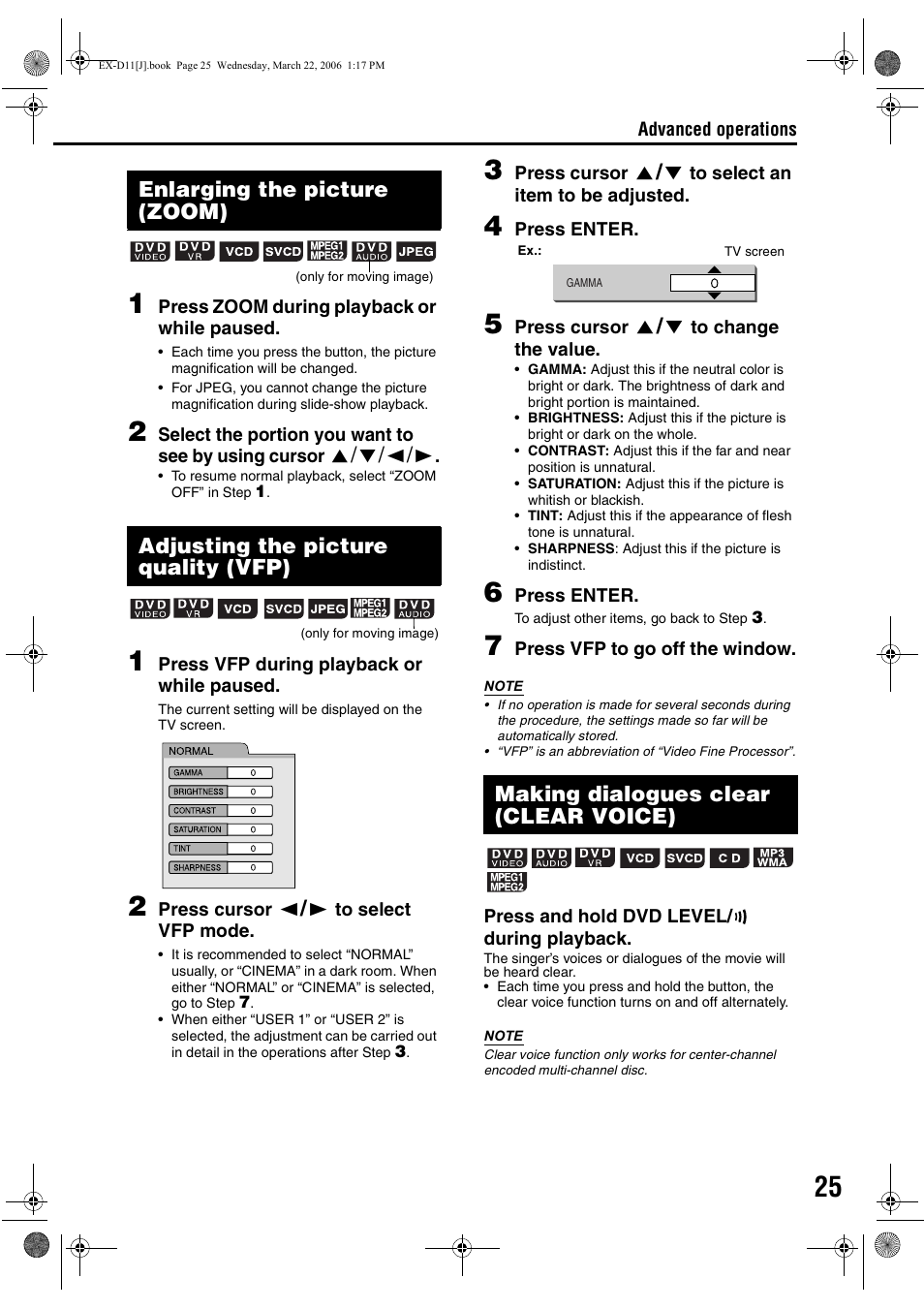 Enlarging the picture (zoom), Adjusting the picture quality (vfp), Making dialogues clear (clear voice) | 5/k/2/3, 5 / k | JVC CA-EXD11 User Manual | Page 27 / 128