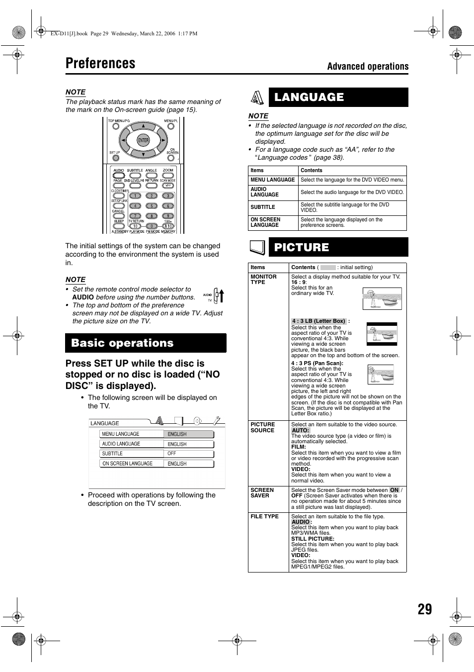 Preferences, Basic operations, Language | Picture, Advanced operations | JVC CA-EXD11 User Manual | Page 31 / 128