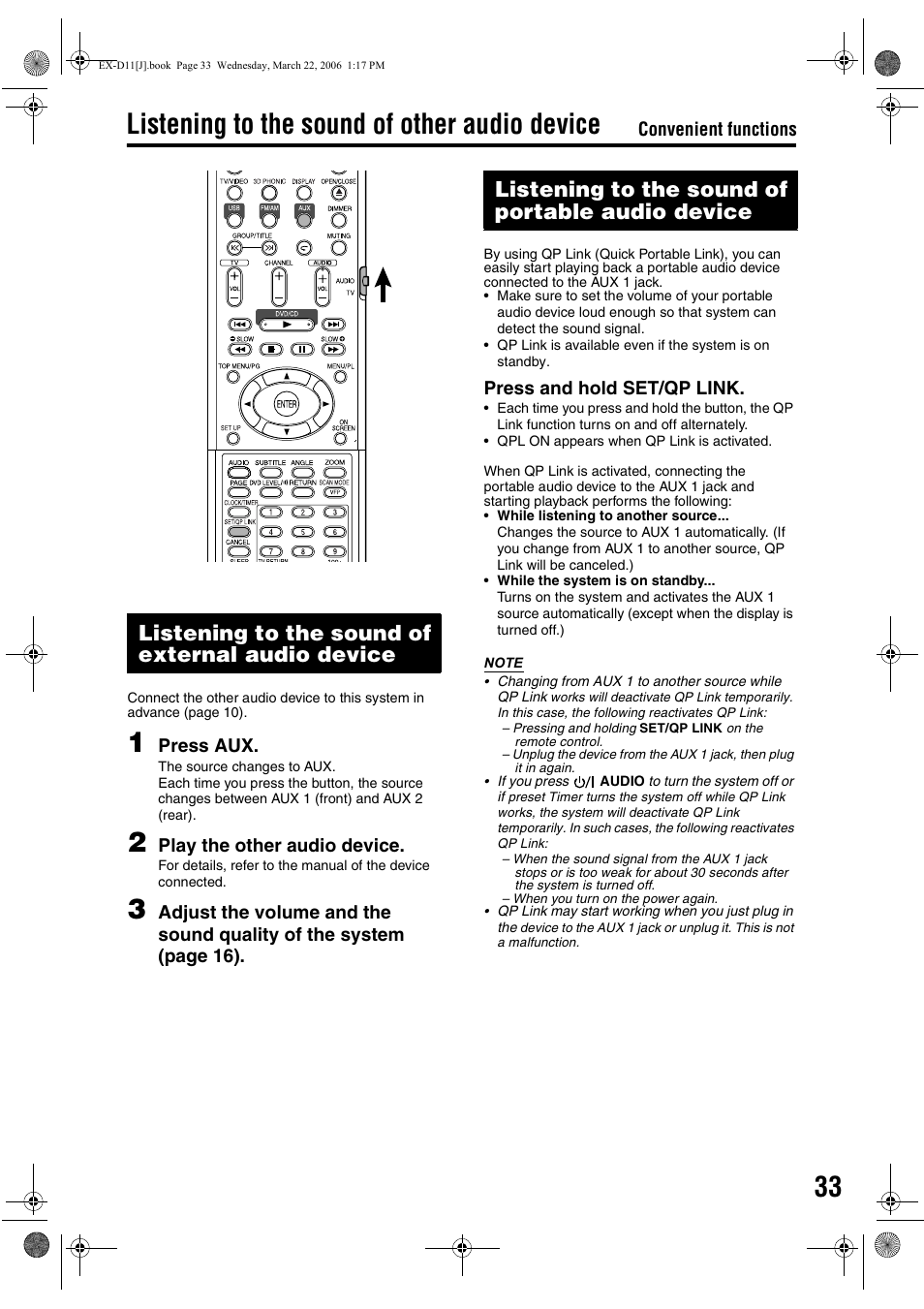 Listening to the sound of other audio device, Listening to the sound of external audio device, Listening to the sound of portable audio device | JVC CA-EXD11 User Manual | Page 35 / 128