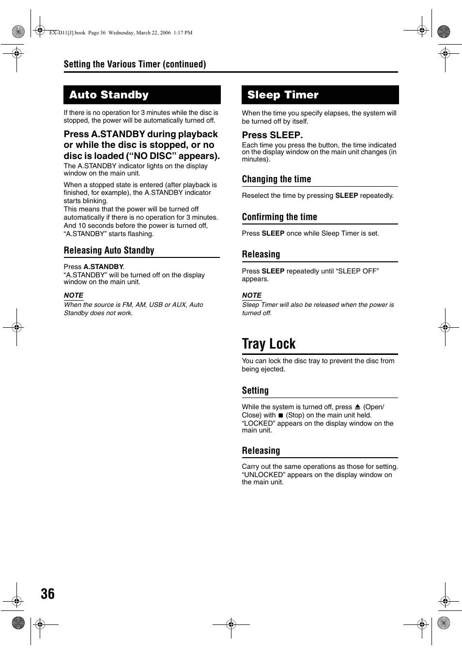 Auto standby, Sleep timer, Tray lock | Auto standby sleep timer | JVC CA-EXD11 User Manual | Page 38 / 128