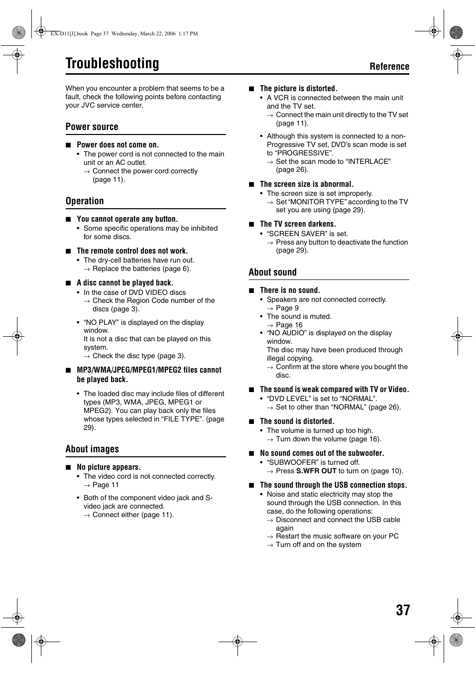 Troubleshooting, Power source, Operation | About images, About sound, Reference | JVC CA-EXD11 User Manual | Page 39 / 128