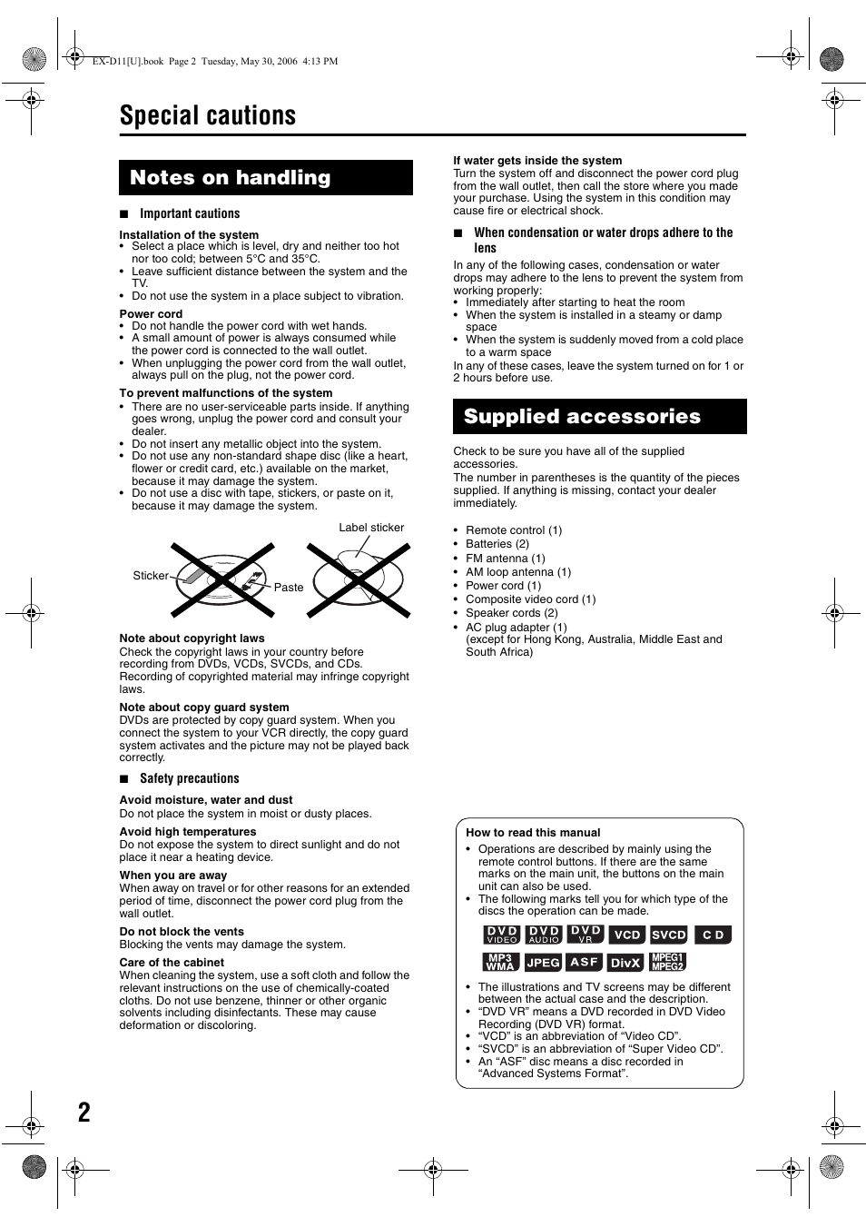 Special cautions, Notes on handling, Supplied accessories | JVC CA-EXD11 User Manual | Page 48 / 128