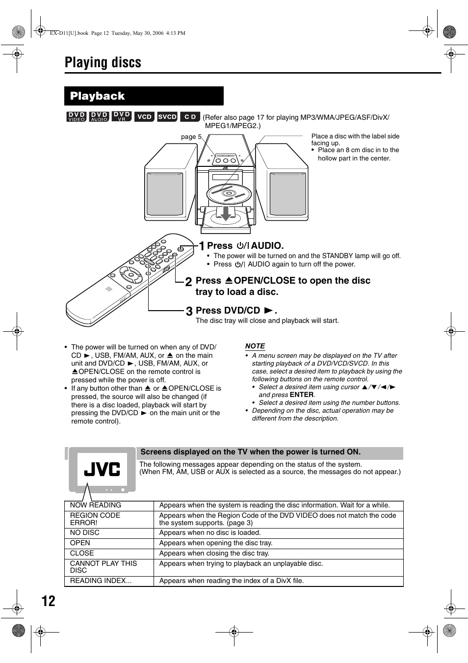 Playing discs, Playback, Press audio | Press dvd/cd | JVC CA-EXD11 User Manual | Page 58 / 128