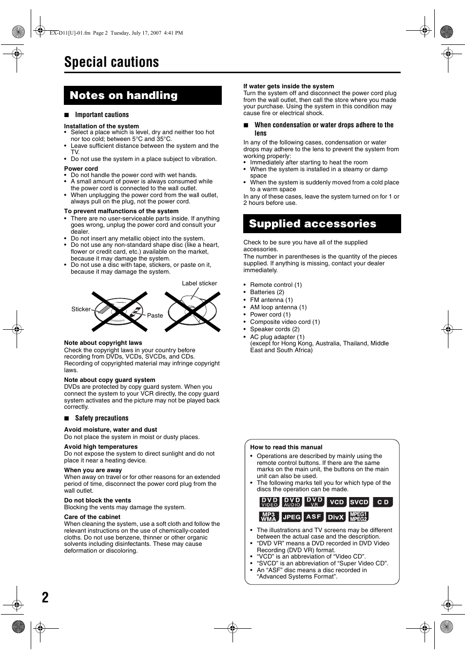 Special cautions, Notes on handling, Supplied accessories | JVC CA-EXD11 User Manual | Page 90 / 128