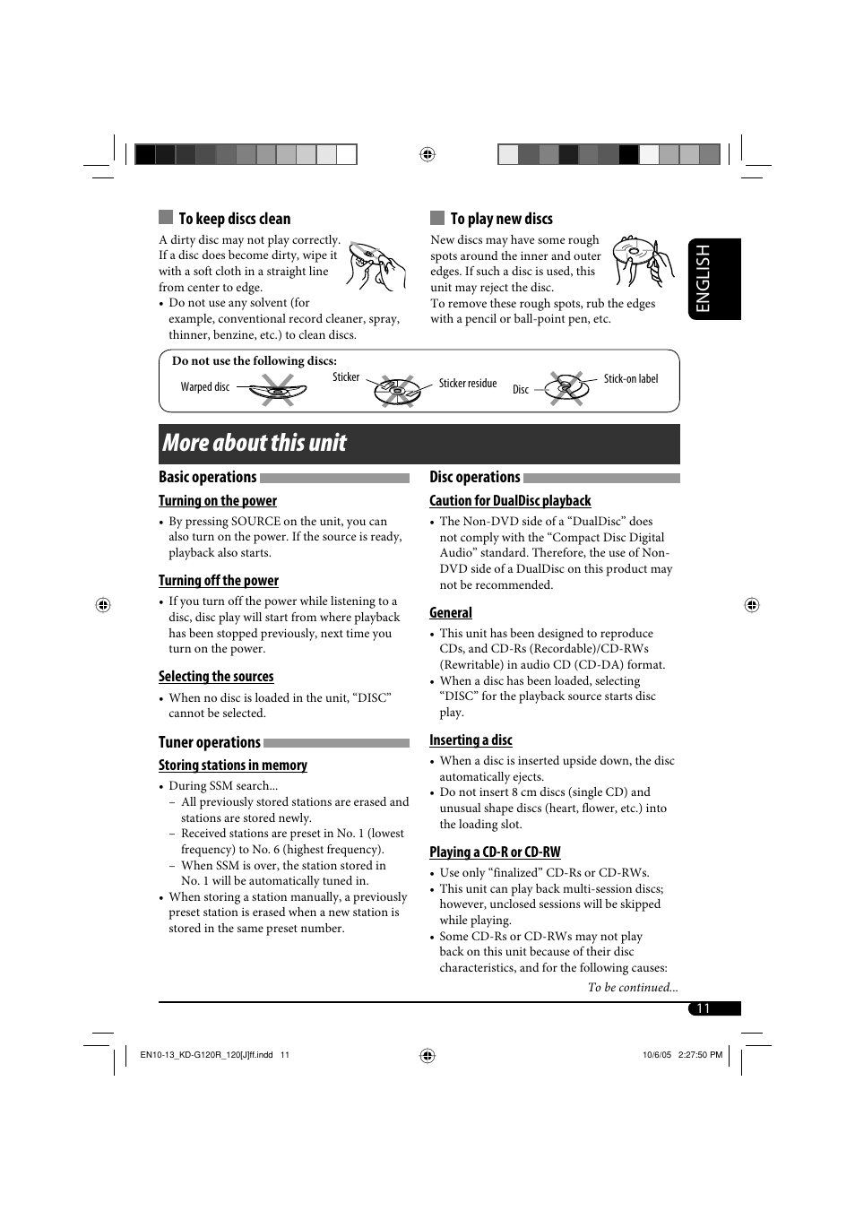 More about this unit, English, Disc operations | Basic operations, Tuner operations | JVC KD-G120R User Manual | Page 11 / 38