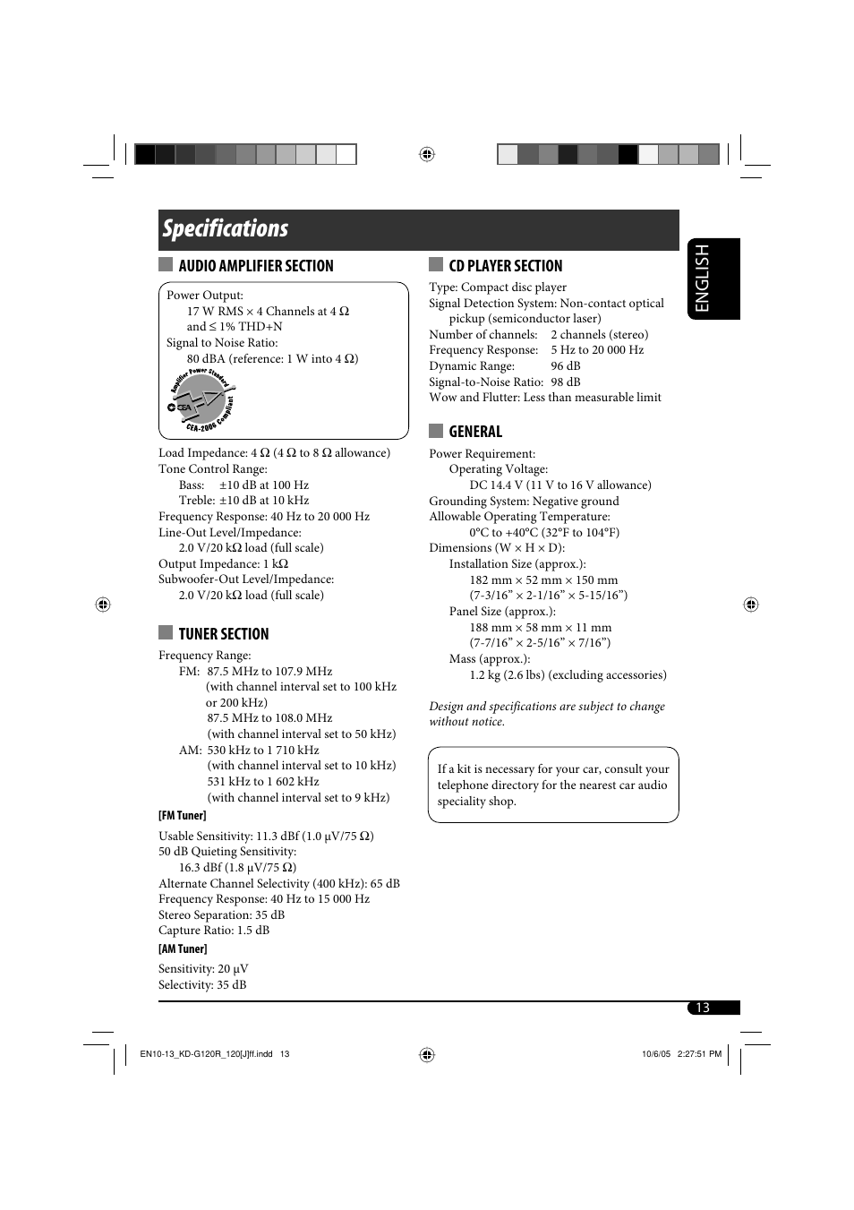 Specifications, English, General | JVC KD-G120R User Manual | Page 13 / 38