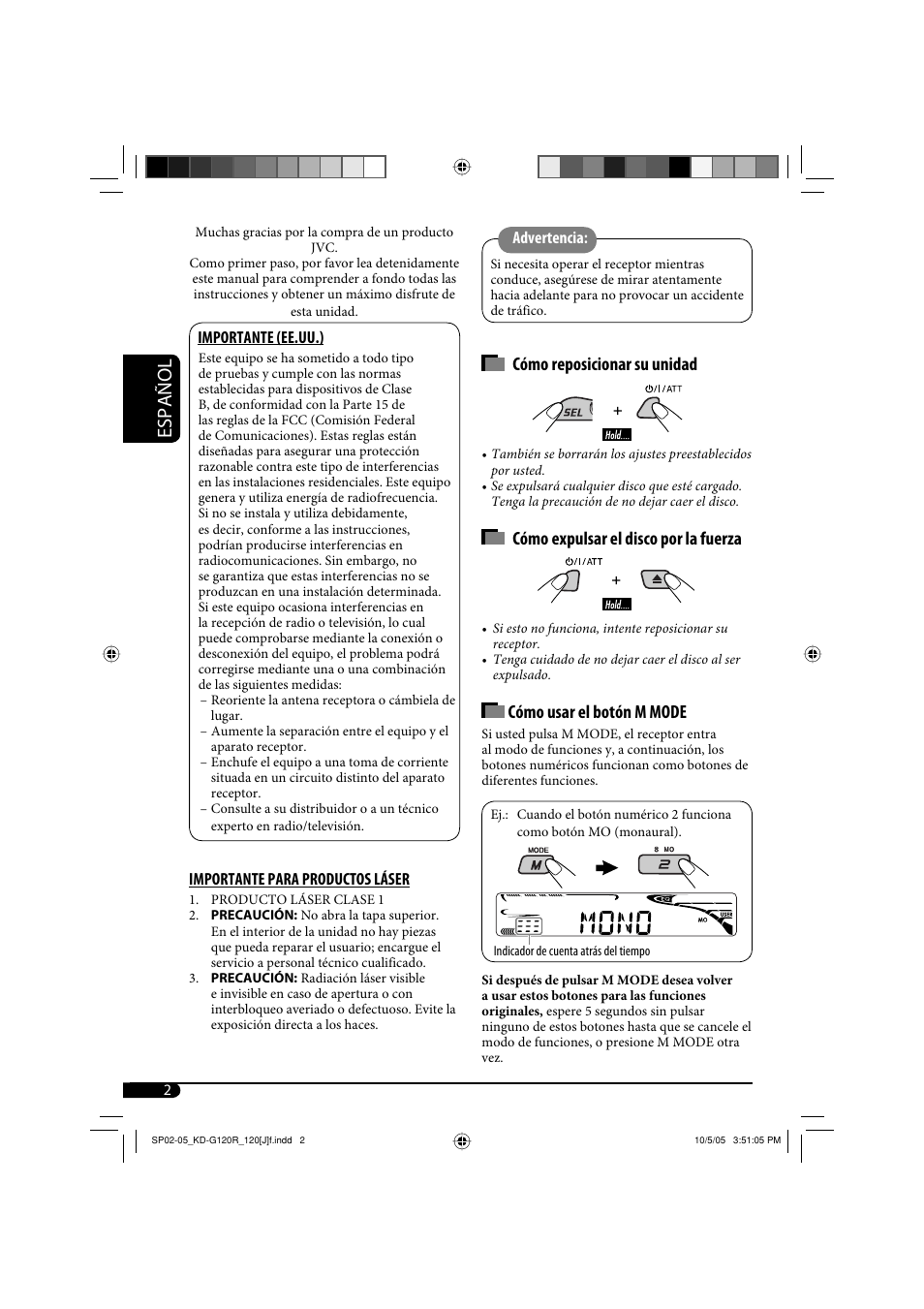 Español, Cómo reposicionar su unidad, Cómo expulsar el disco por la fuerza | Cómo usar el botón m mode | JVC KD-G120R User Manual | Page 14 / 38