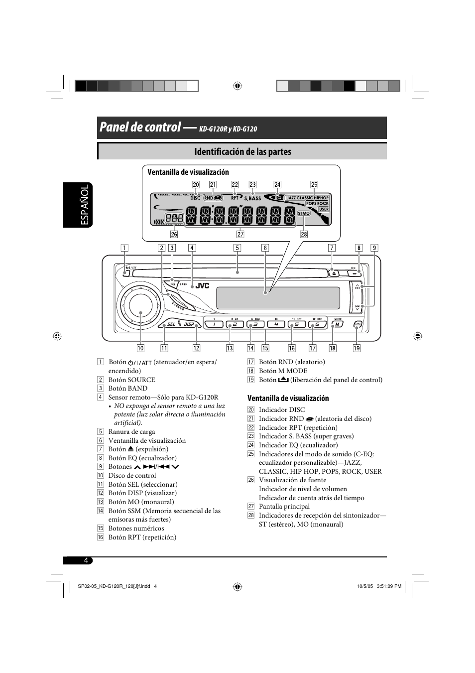 Panel de control, Español, Identificación de las partes | JVC KD-G120R User Manual | Page 16 / 38