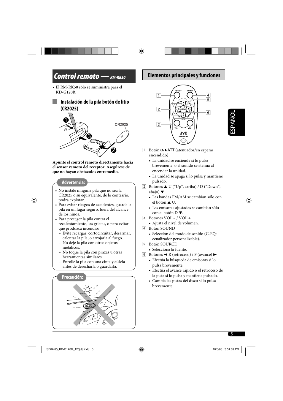 Control remoto, Español, Elementos principales y funciones | Instalación de la pila botón de litio (cr2025) | JVC KD-G120R User Manual | Page 17 / 38