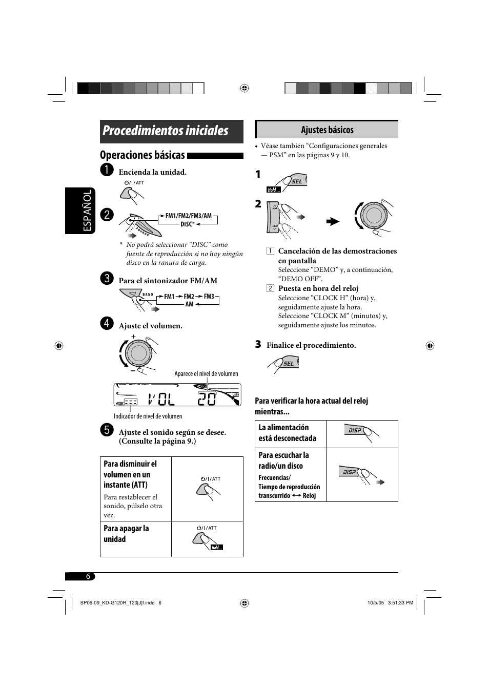 Procedimientos iniciales, Operaciones básicas | JVC KD-G120R User Manual | Page 18 / 38