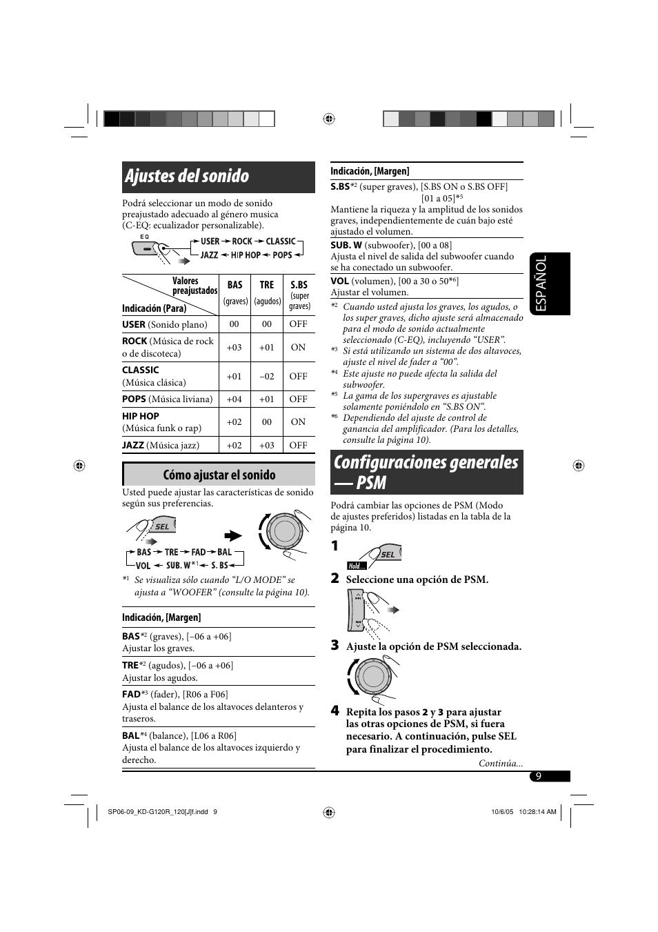 Ajustes del sonido, Configuraciones generales — psm, Español | Cómo ajustar el sonido | JVC KD-G120R User Manual | Page 21 / 38