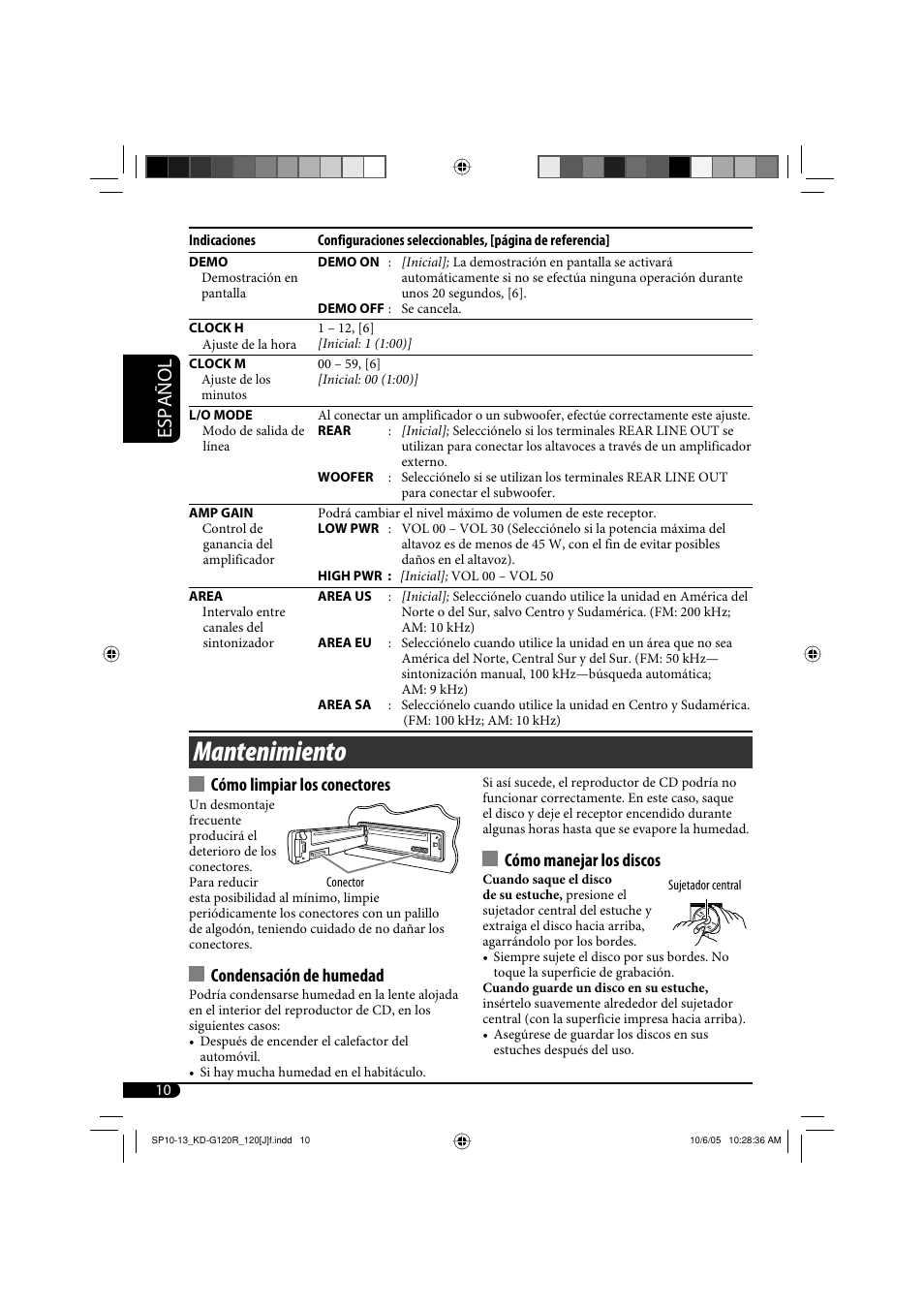 Mantenimiento, Español, Cómo limpiar los conectores | Condensación de humedad, Cómo manejar los discos | JVC KD-G120R User Manual | Page 22 / 38