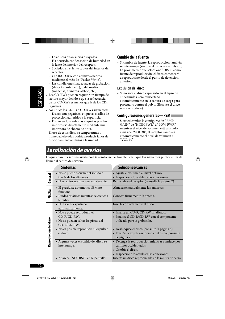 Localización de averías, Español, Síntomas soluciones/causas | Cambio de la fuente, Configuraciones generales—psm | JVC KD-G120R User Manual | Page 24 / 38