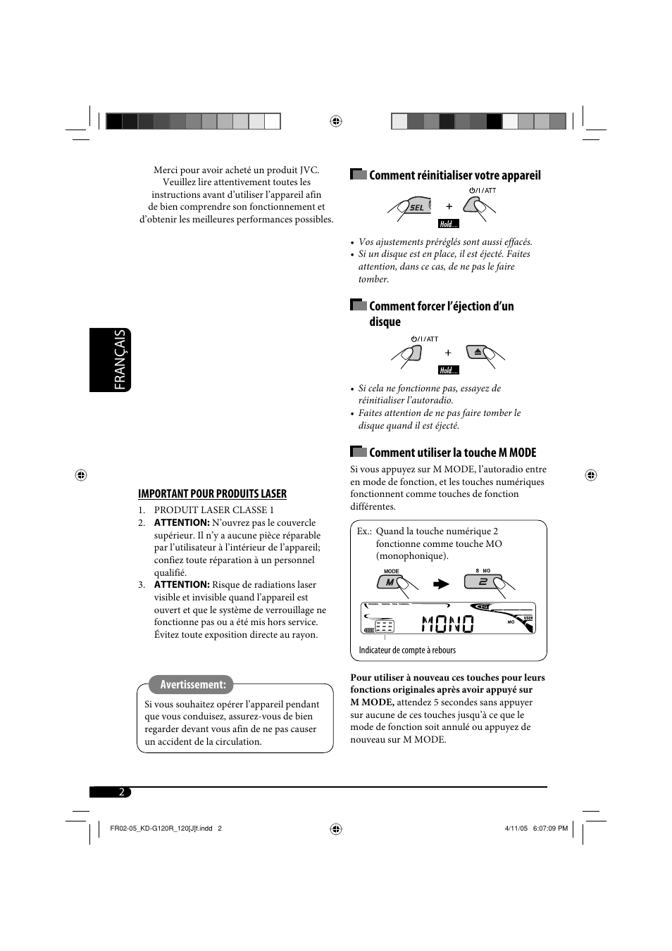 Français, Comment réinitialiser votre appareil, Comment forcer l’éjection d’un disque | Comment utiliser la touche m mode | JVC KD-G120R User Manual | Page 26 / 38