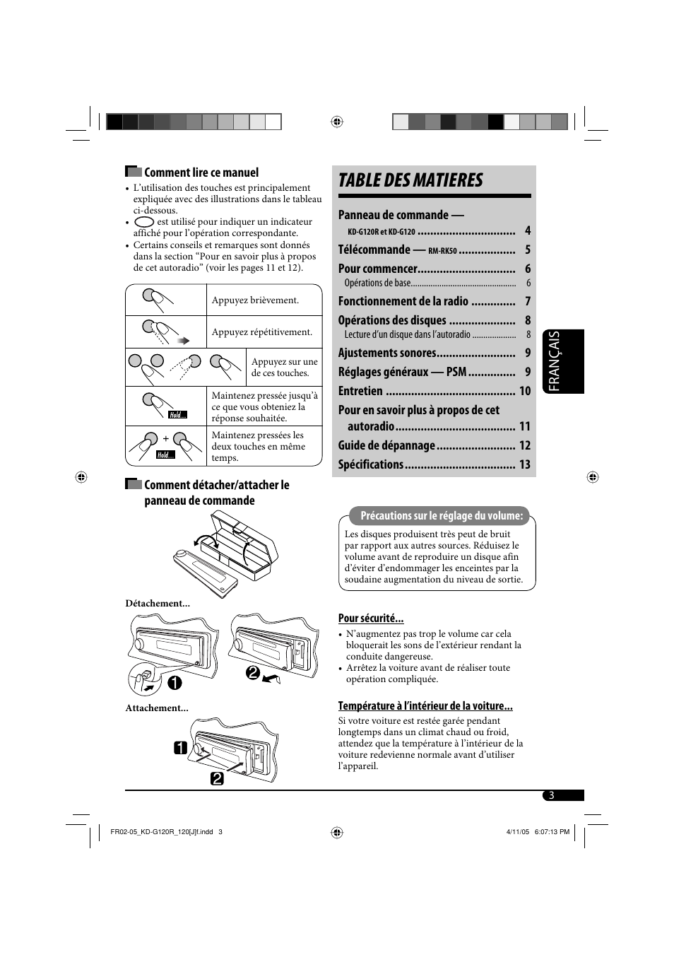 Table des matieres, Français | JVC KD-G120R User Manual | Page 27 / 38