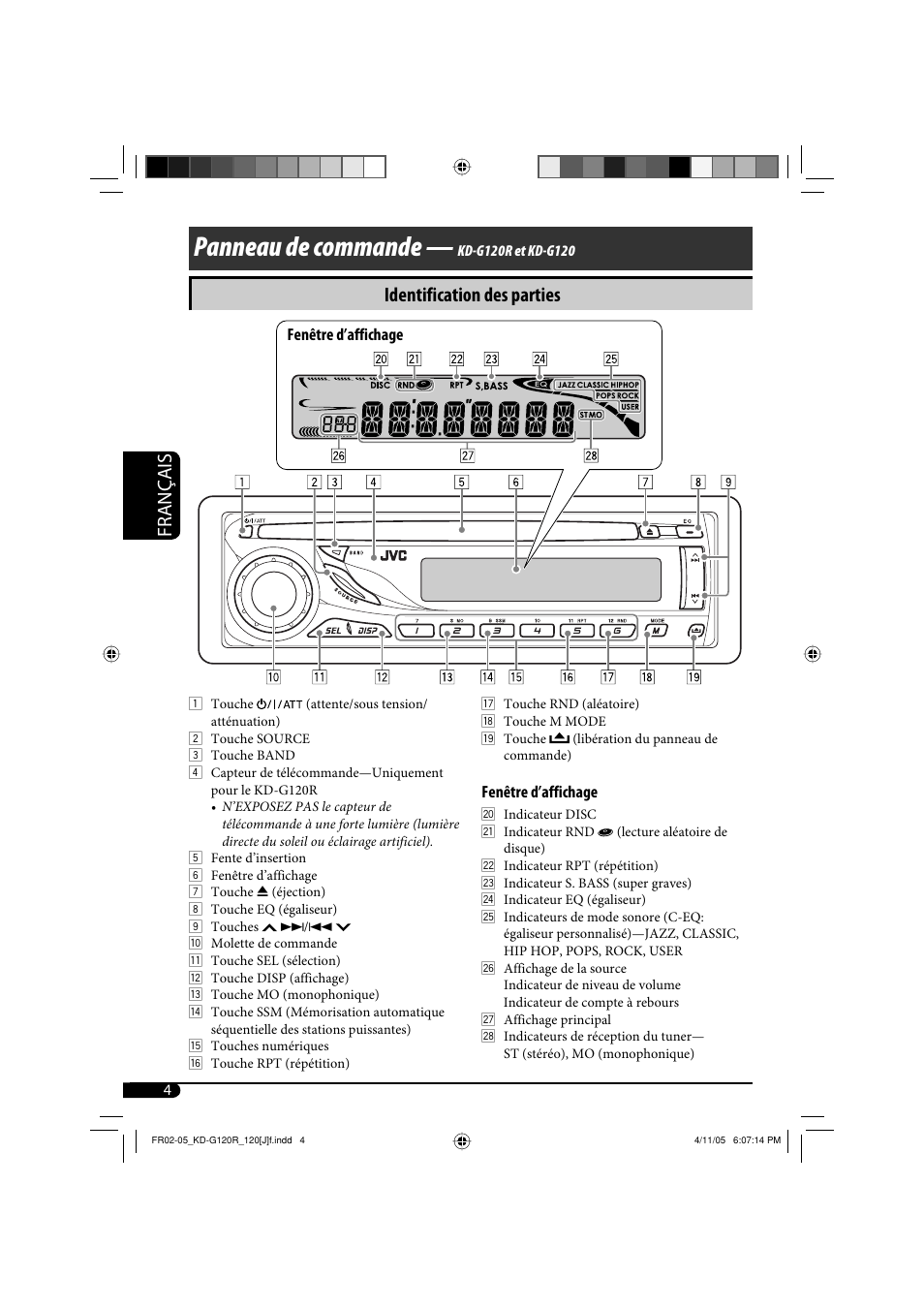 Panneau de commande, Français, Identification des parties | JVC KD-G120R User Manual | Page 28 / 38