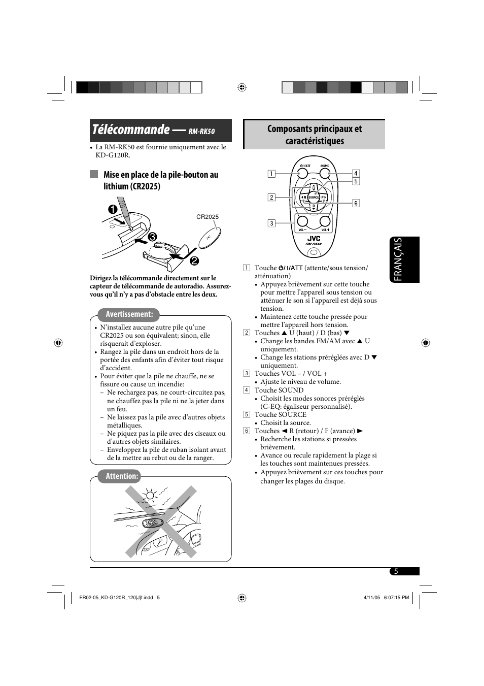 Télécommande, Français, Composants principaux et caractéristiques | JVC KD-G120R User Manual | Page 29 / 38