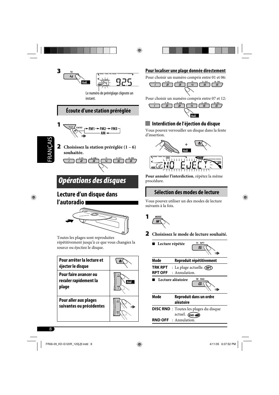 Opérations des disques, Lecture d’un disque dans l’autoradio, Français | Écoute d’une station préréglée, Sélection des modes de lecture | JVC KD-G120R User Manual | Page 32 / 38