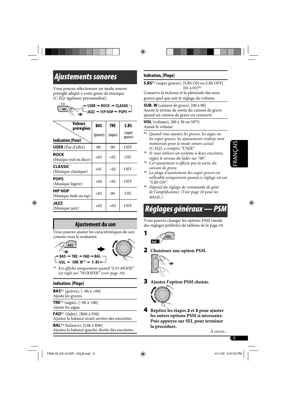 Ajustements sonores, Réglages généraux — psm, Français | Ajustement du son | JVC KD-G120R User Manual | Page 33 / 38