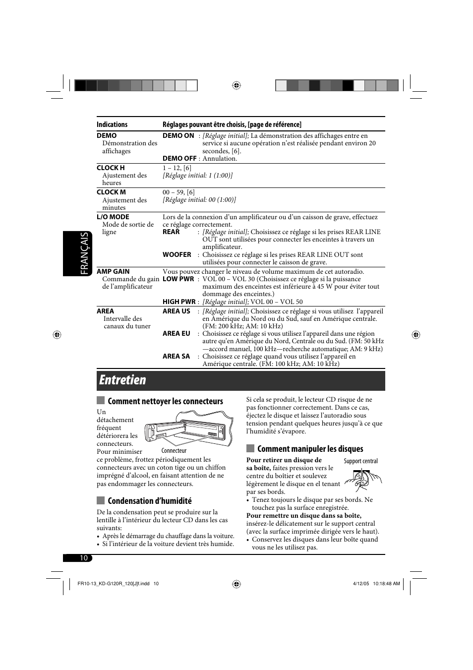 Entretien, Français, Comment nettoyer les connecteurs | Condensation d’humidité, Comment manipuler les disques | JVC KD-G120R User Manual | Page 34 / 38