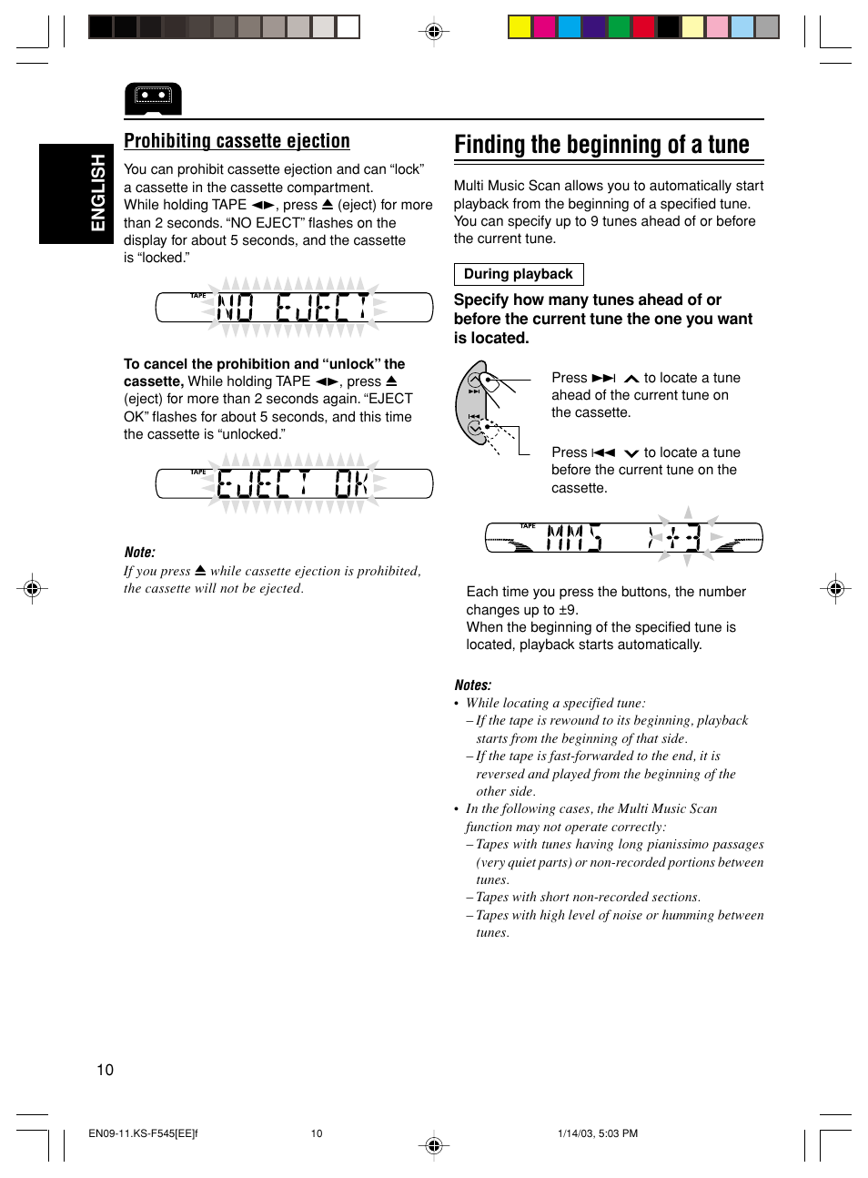 Finding the beginning of a tune, Prohibiting cassette ejection, English | JVC KS-F545 User Manual | Page 10 / 25